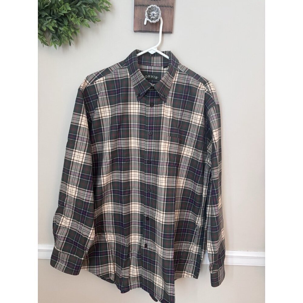 Orvis Mens Size XL Signature Twill Green Plaid Long Sleeve Shirt Button Front